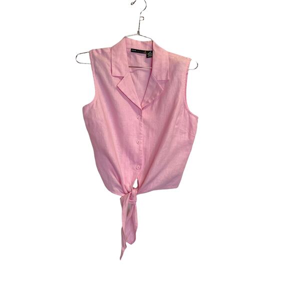 Grace elements linen women button front cropped shirt pink sleeveless Sz 8p - Picture 2 of 10